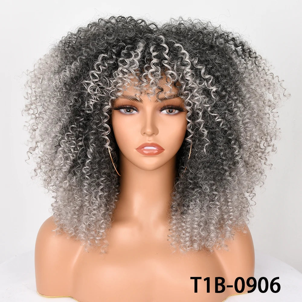 Afro Kinky Curly Hair Wigs With Bangs — Natural Brown Mixed | KIMLUD