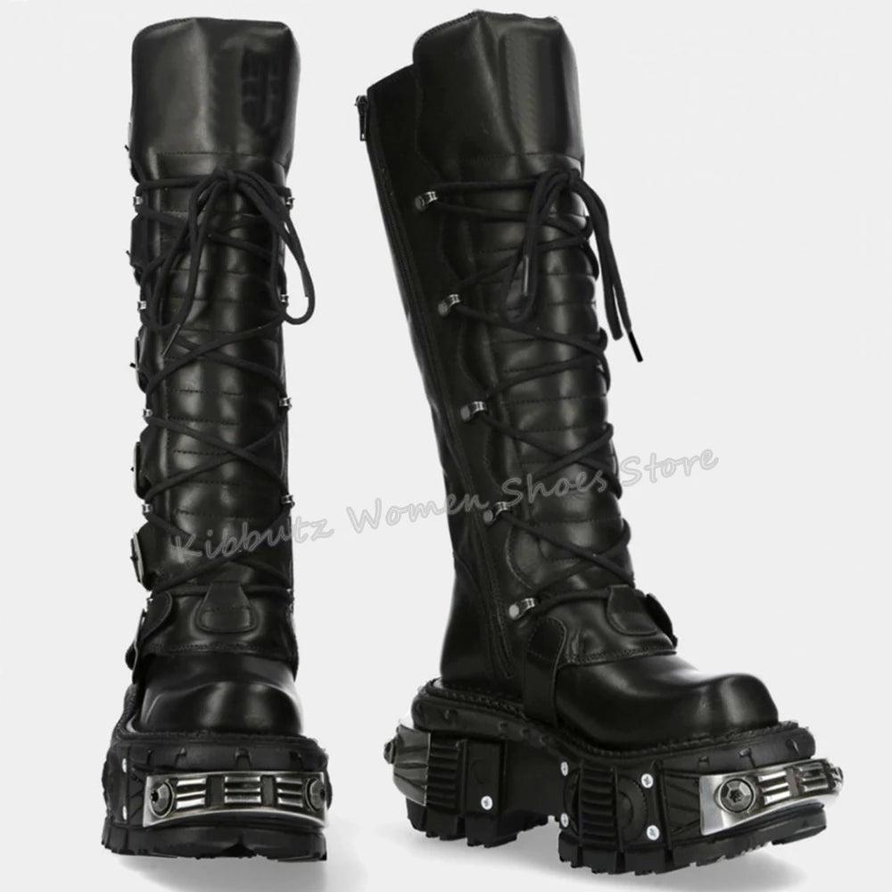 Rock Punk Motorcycle Boots Knee High Dark Style Round Toe Thick Bottom Genuine Leather Solid Color Fashion Sexy Women Shoes New