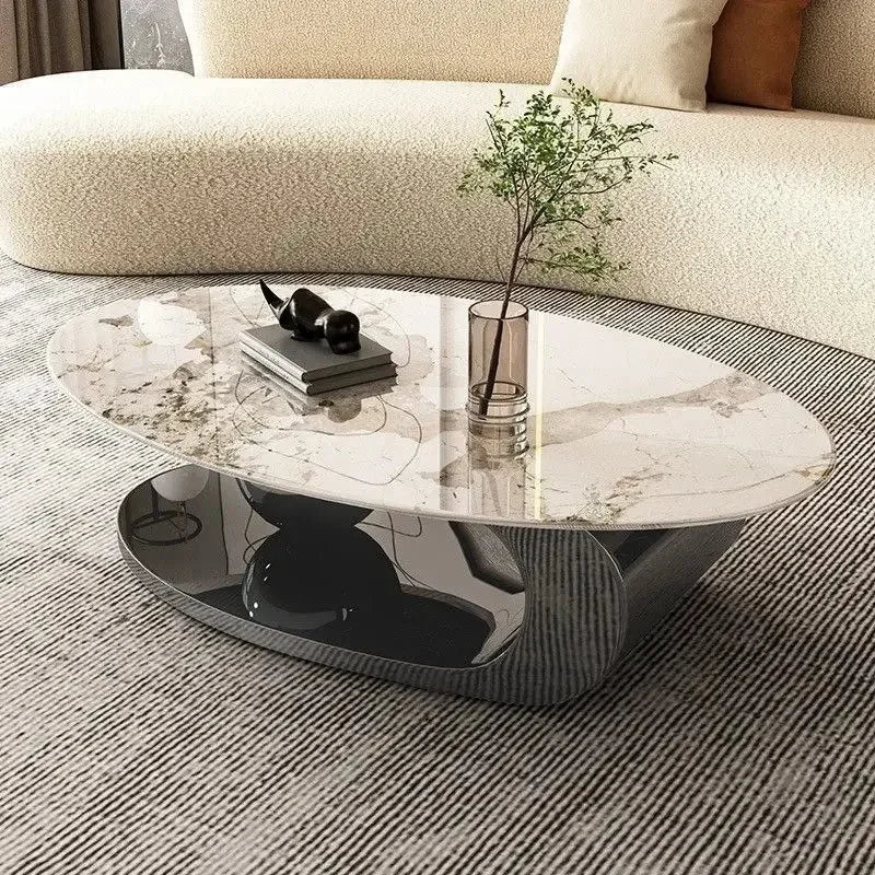 Slate Metal Coffee Table Italian Oval Form With Marble-Like Top — Ivory | KIMLUD