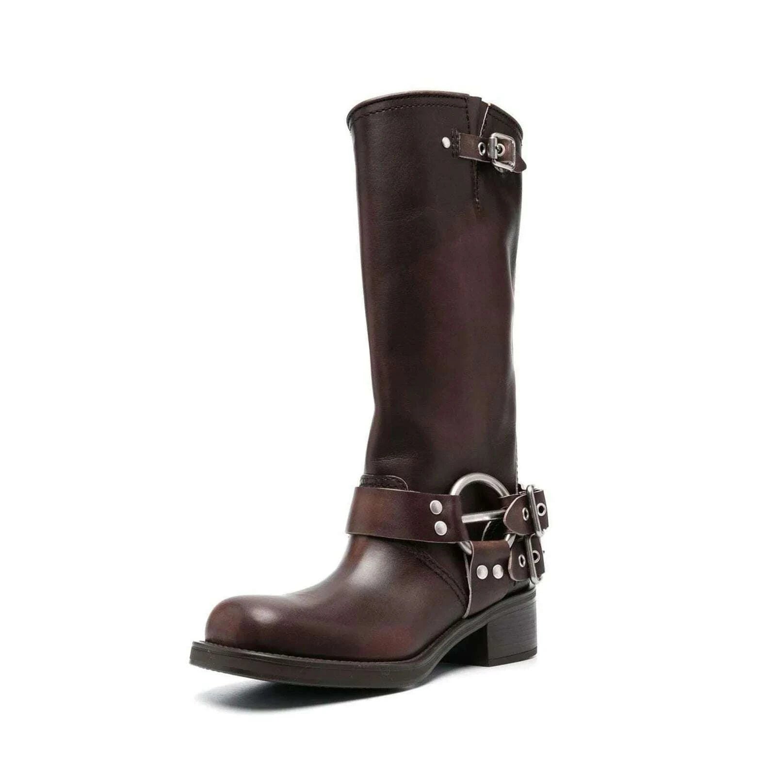 kimlud-arden-furtado-2025autumn-brown-platform-motorcycle-boots-round-toe-belt-buckle-slip-on-middle-heel-knee-high-boots-western-boots-kimlud-womens-clothes-35042916