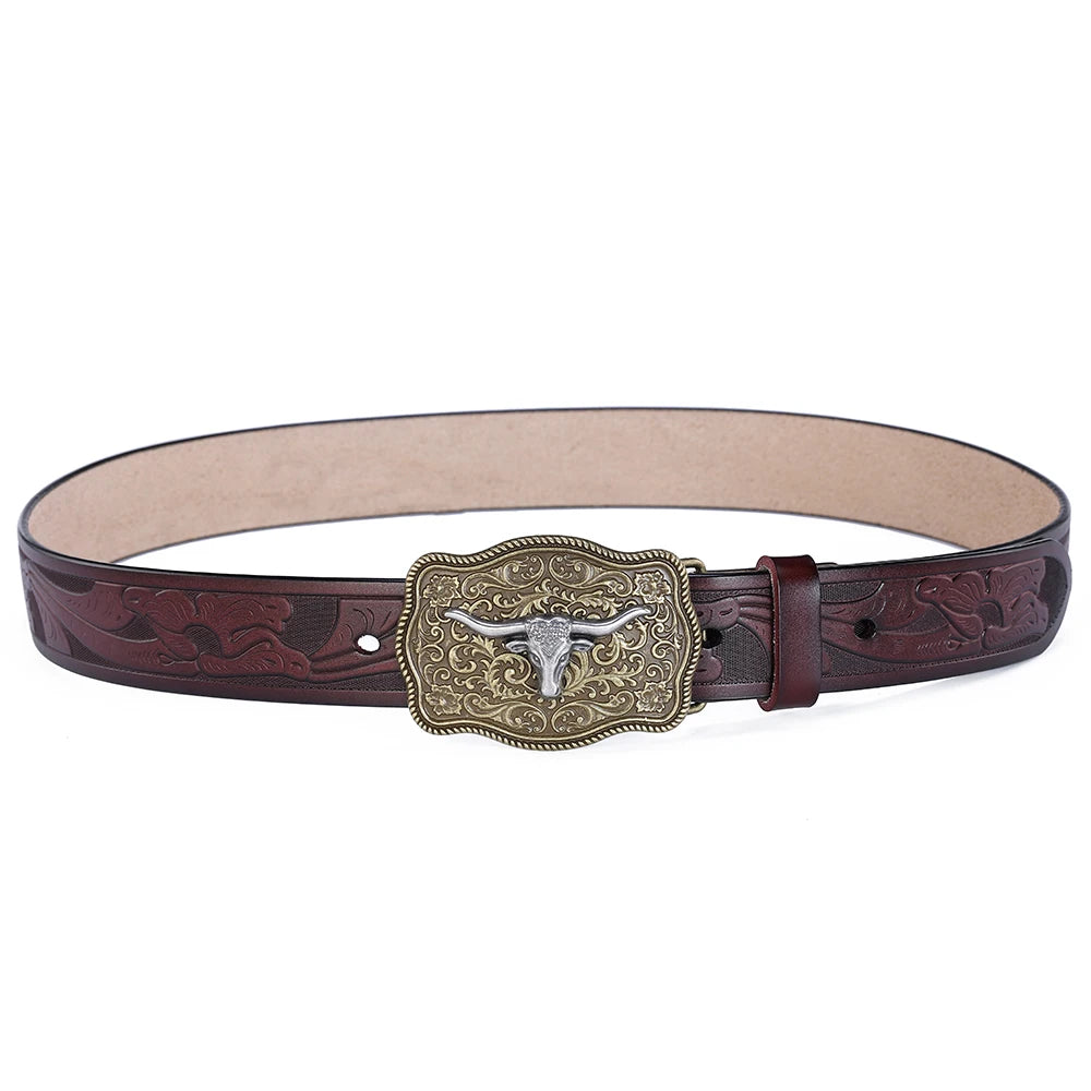 Western Belt Men Genuine Leather Belts for Men Women Cowboy Cowgirl Big Letters Buckle Gold Male Belts Long Black Brown Quality