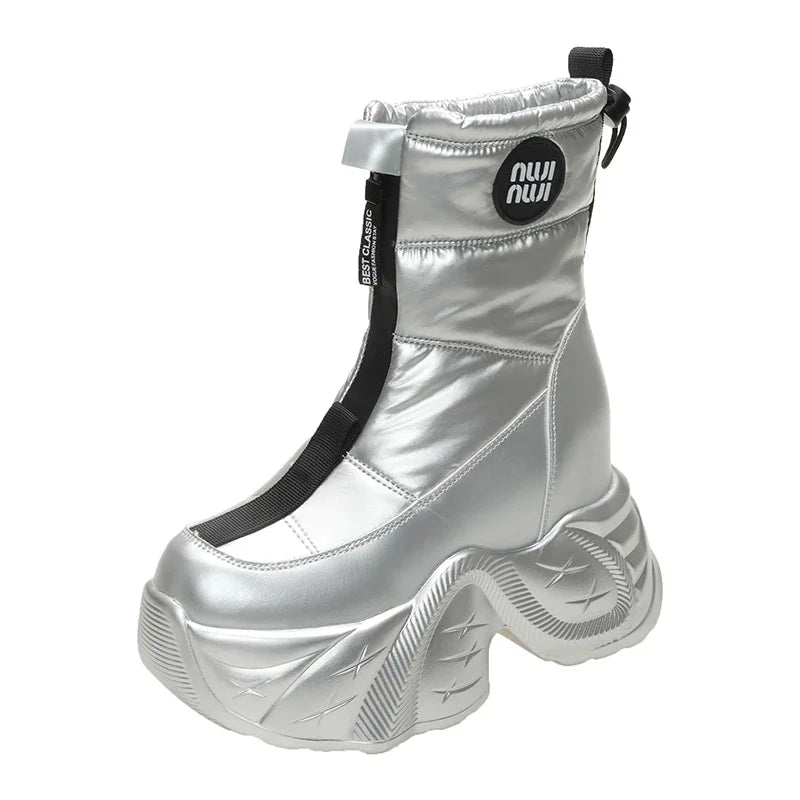 10CM Winter Women's Fur Snow Boots Keep Warm Chunky Short Boots Outdoor Plush Mid-calf Shoes Platform Anti-skid Leather Sneakers