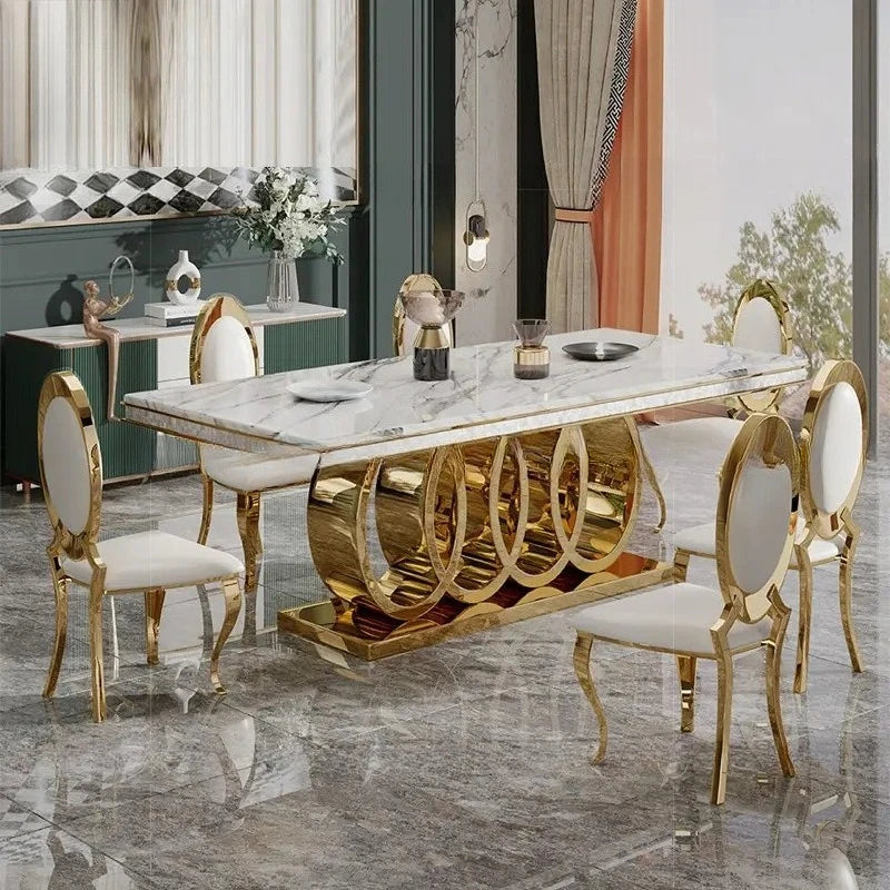 Sleek Stainless Marble Dining Table Set — Gold | KIMLUD