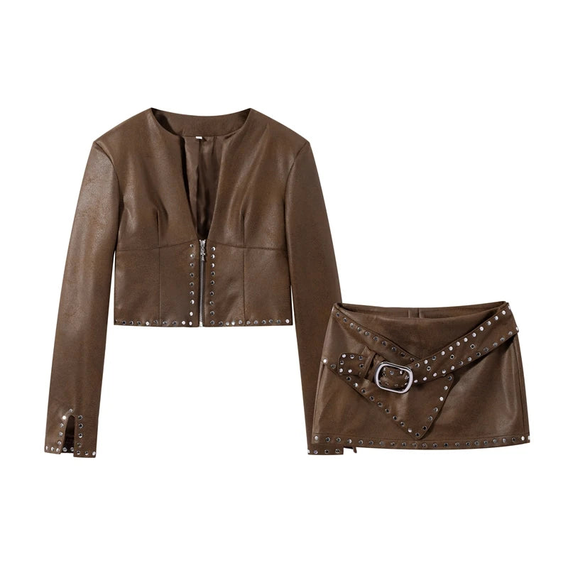 Jacket Skirt Set - Studded Trim - Cropped Zip-Up - Women | KIMLUD