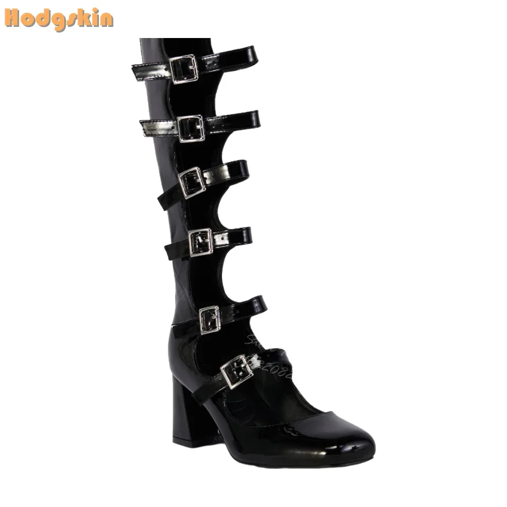 Punk Buckle Straps Boots Round Toe Back Zipper Knee-high Boots Patent Leather Square Heels 2025 Women New Fashion Sandals Shoes