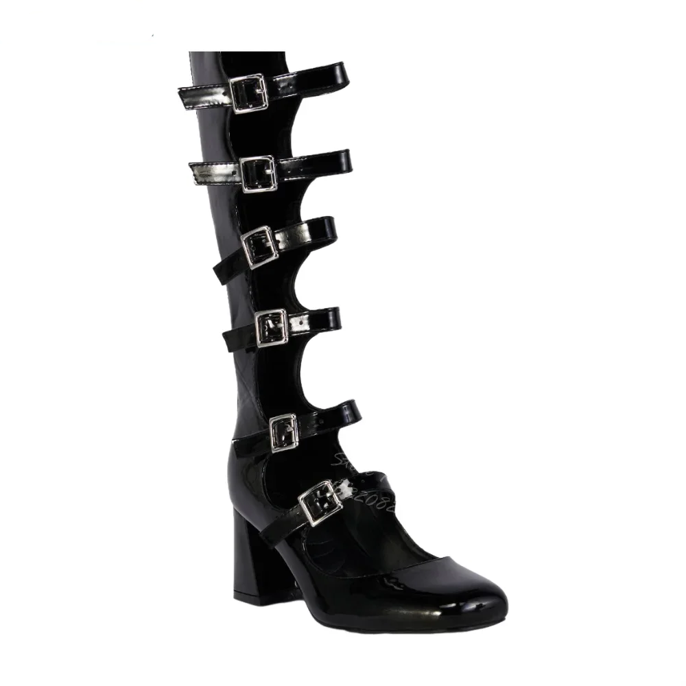 KIMLUD, Punk Buckle Straps Boots Round Toe Back Zipper Knee-high Boots Patent Leather Square Heels 2025 Women New Fashion Sandals Shoes, KIMLUD Womens Clothes