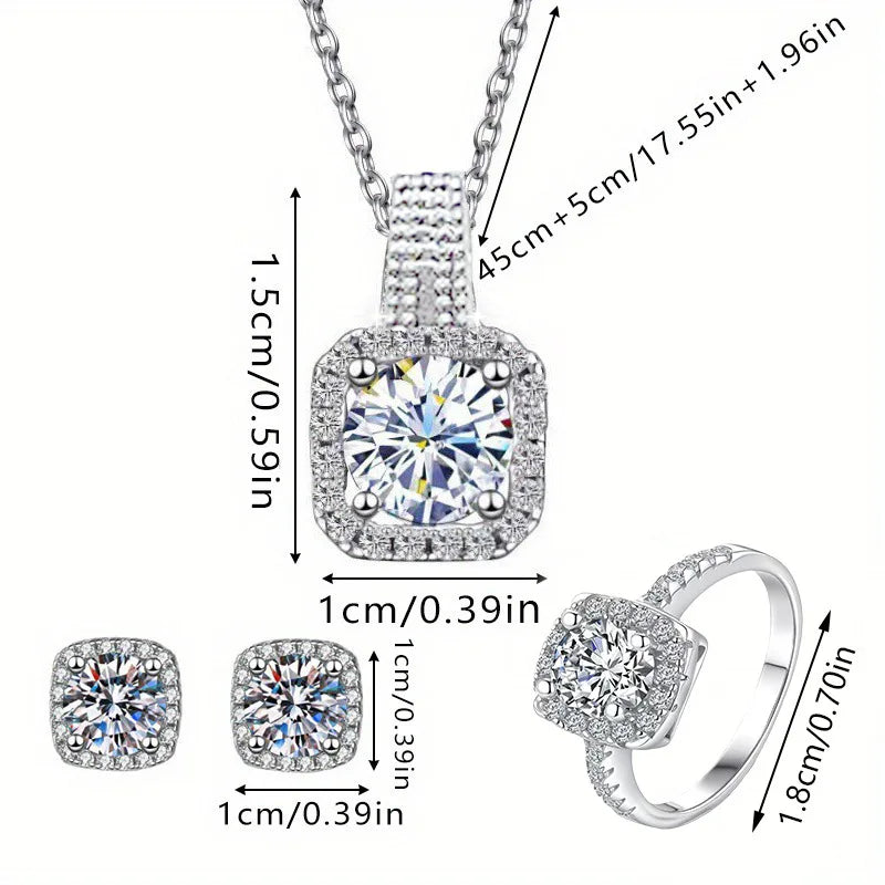 Silver-Tone Jewelry Set — Diamond Halo Necklace Earrings Ring — Silver | KIMLUD