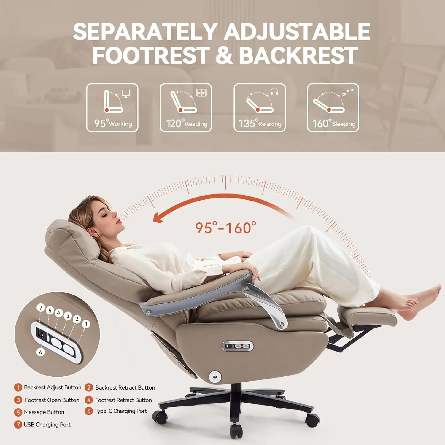 Genuine Leather Executive Office Chair Dual-Motor With Foot Rest — Taupe | KIMLUD