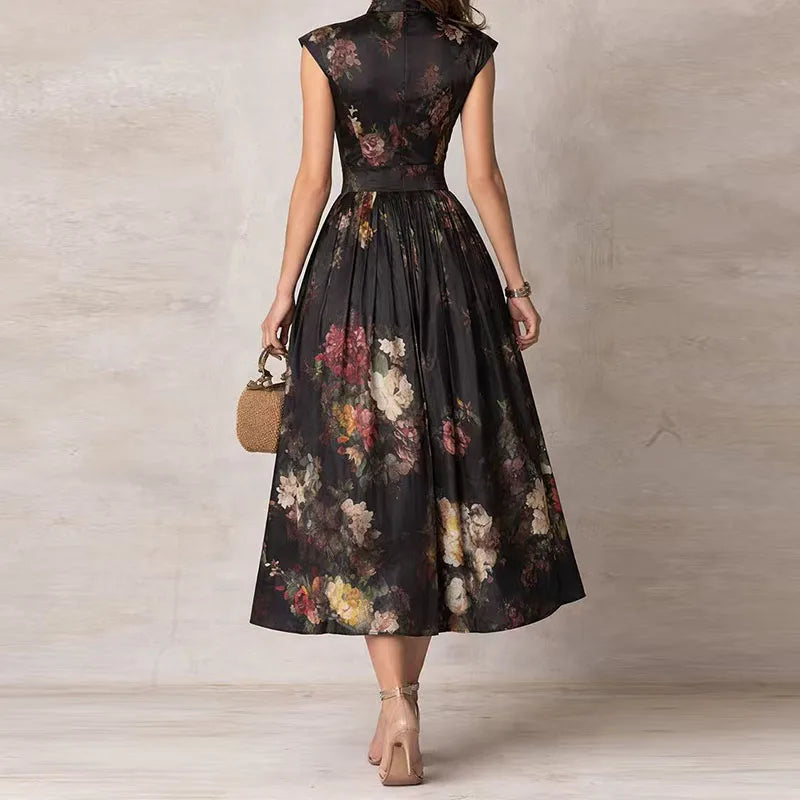 Satin A-Line Midi Dress Empire Waist Knife-Pleated Skirt — Black | KIMLUD