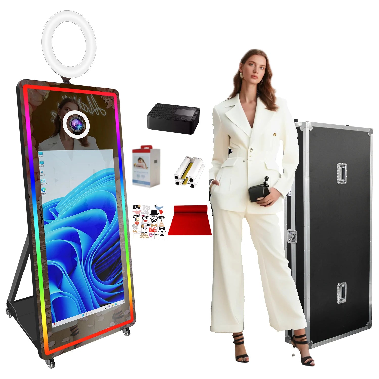 Metal-Glass Frame Portable Mirror Photo Booth 43 Inch With LED Edge Lighting — Black | KIMLUD