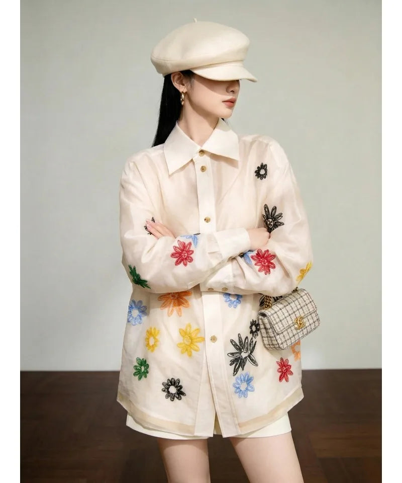 Blouse - Embroidered Floral - Loose | KIMLUD