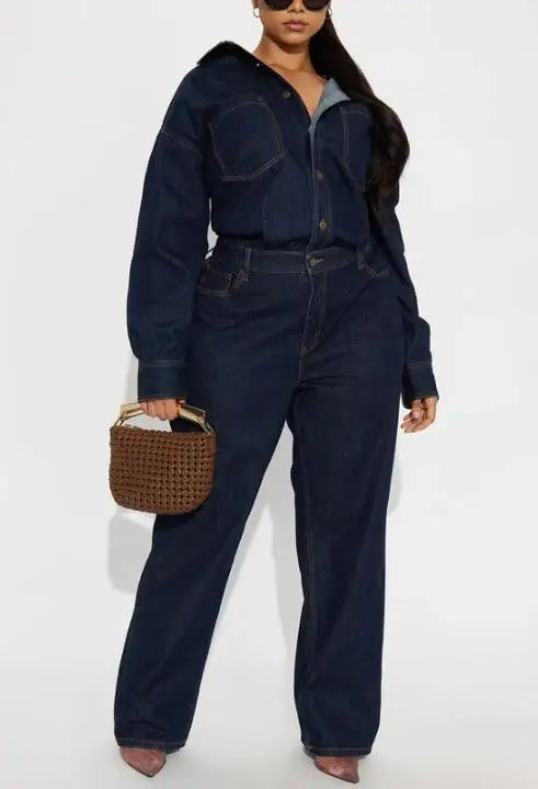Denim Jumpsuit High Waist Pocket Turn-Down Collar — Deep Indigo | KIMLUD