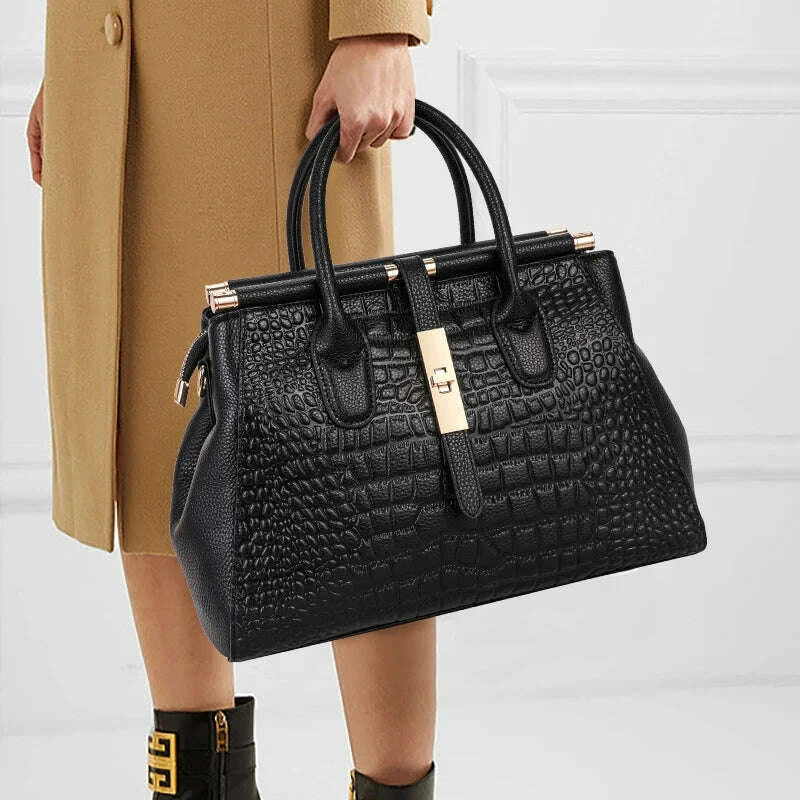 KIMLUD, Aidrani Genuine leather women's handbag, large capacity crocodile patterned cowhide bag, black, KIMLUD Womens Clothes