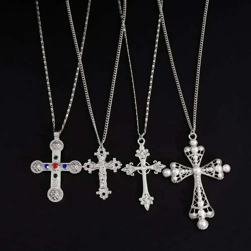KIMLUD, Geometric Ethnic Style Men Necklace Silver Pearl Cross Pendant Necklace Jewelry Accessories Golden Rhinestone Necklace Women, KIMLUD Womens Clothes