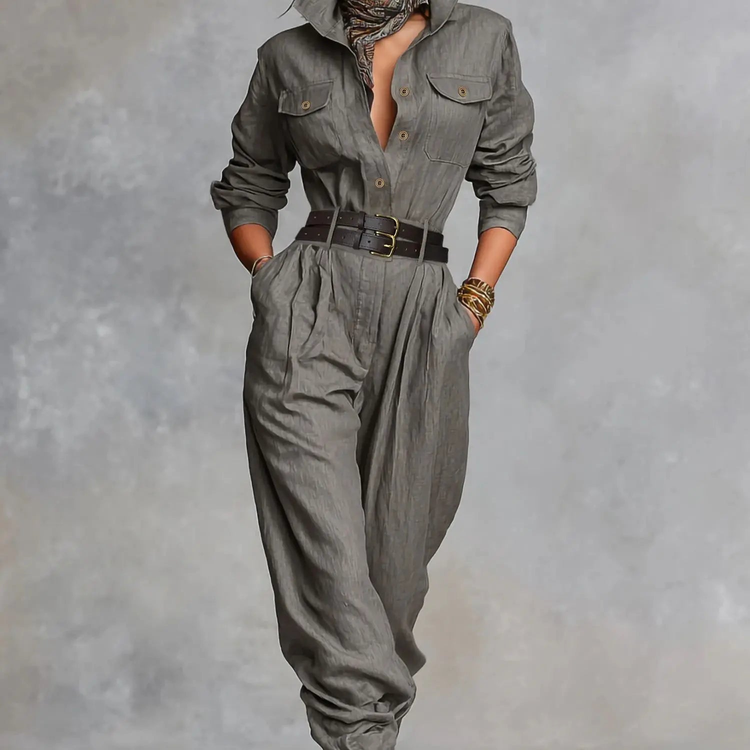 Polyester-Linen Utility Jumpsuit With Double Belt — Slate Gray | KIMLUD