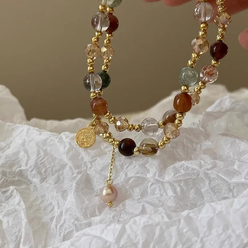 Gold-Tone Bracelet Double-Layer Crystal Pearl Beaded Wrap — Gold | KIMLUD