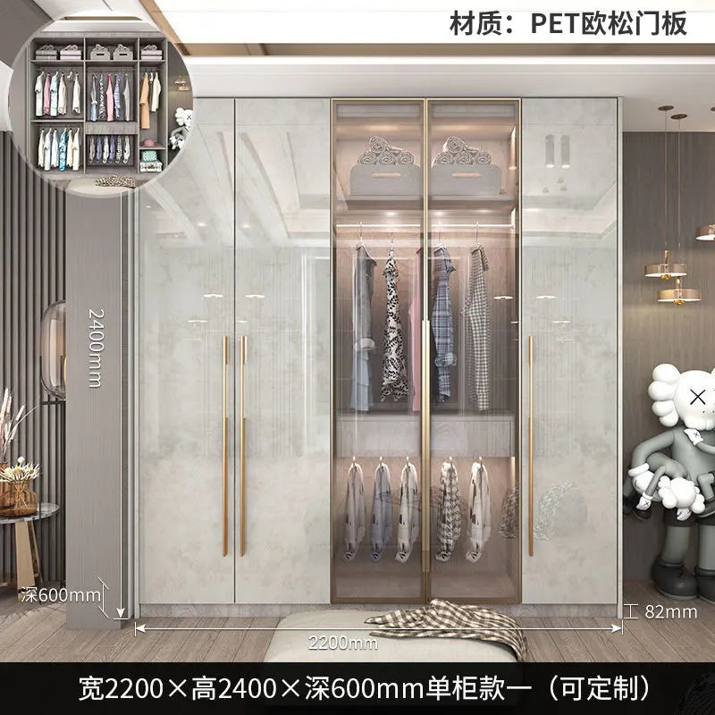 Glass Door Modern Wardrobe With Ample Storage And Brass Hardware — Pale Gray | KIMLUD