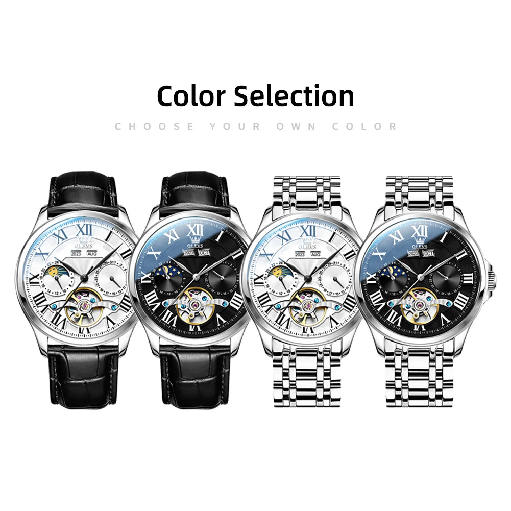 Stainless Steel Watch Moon Phase Automatic — Silver | KIMLUD