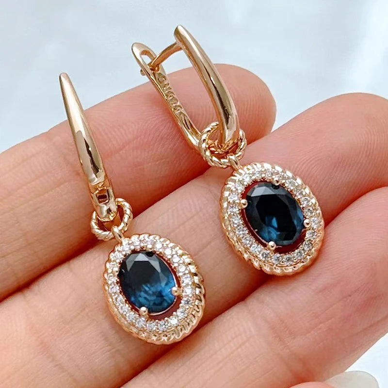 Blue Zircon Dangle Earrings With Halo Crystals — Blue | KIMLUD