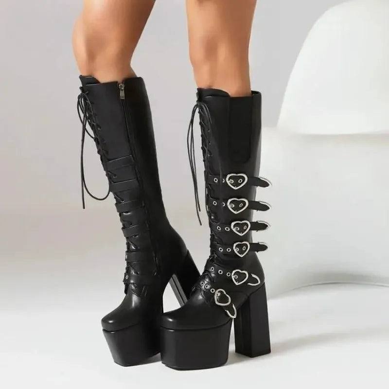 New Punk Goth Women Motorcycle Boots High Heeled Knee High Platform Shoes Heart Buckle Lace Up Luxury Trendy Winter Street Boots