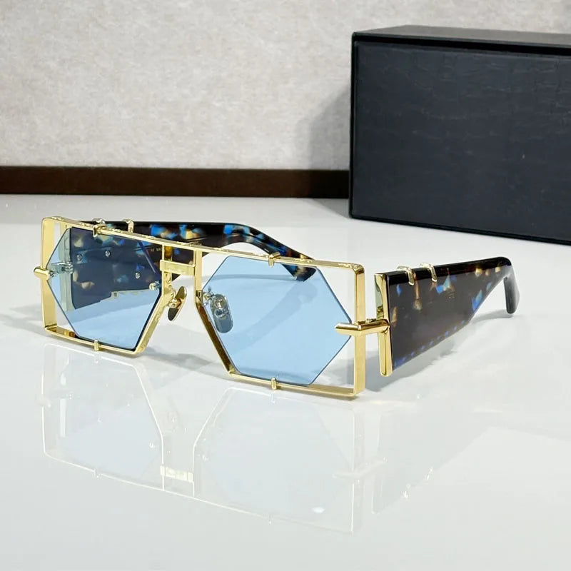 Metal Hexagon Sunglasses With Acetate Frame — Tortoiseshell Brown | KIMLUD