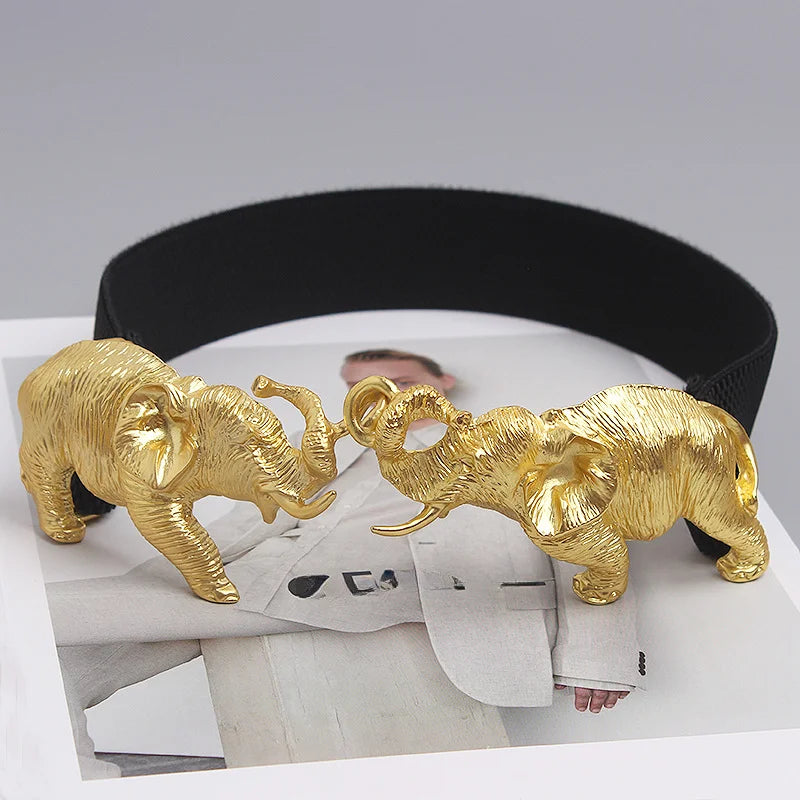 Fashion Real Leather Belts for Women Luxury Designer Female Waist Elastic Corset Belt Gold Heavy Elephant Metal Buckle
