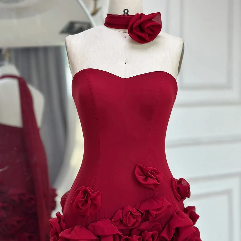 Serene Hill 2025 Pink Chiffon Strapless Sideslit Prom Dress Formal Party Wine Red Flowers Gown Rose Collar GLA72568 Customized
