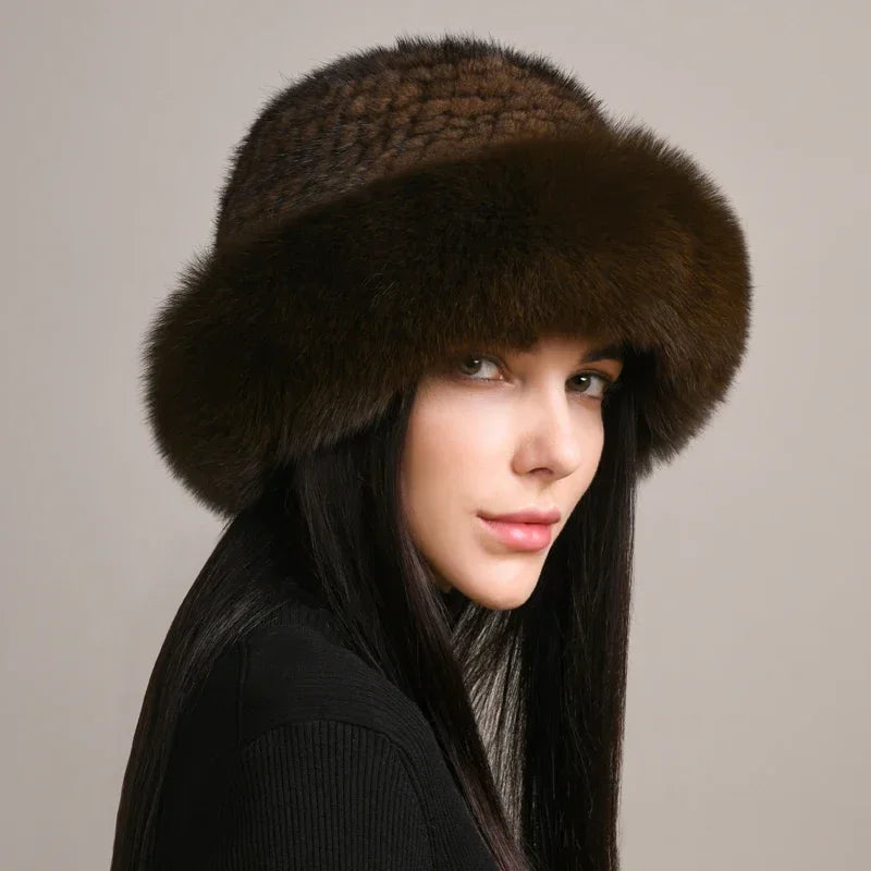 New Genuine Real Natural Knitted Mink Fur Hat Cap Luxury Women Handmade Knit Fashion Winter Headwear Warm Real Fox Fur Beanies