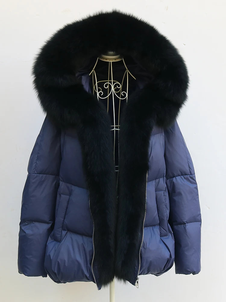 New Fashion Outerwear Puffer Jacket 2024 Women Coat White Duck Down Jacket Super Large Real Silver Fox Fur Collar Hooded