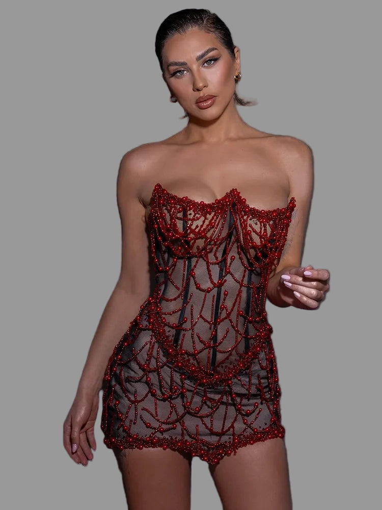 VC Glamorous Fashion Strapless Red Beaded Mesh Through Mini Sexy Dress with Corset for Club and Evening Party
