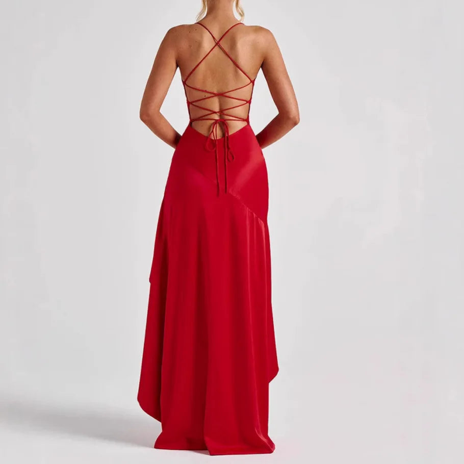 Summer Top Sexy Women's Straightening Strap Back Ruffle Irregular Dress