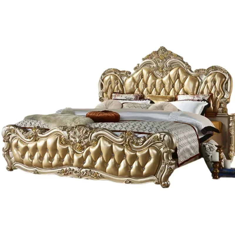 Luxury Gold Double Bed King Size Solid Wood Bedroom Set for Adults, Modern Princess Design Comfort Mattress