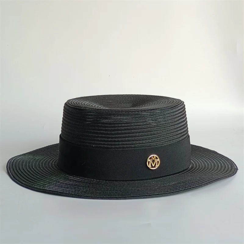 Straw Pearl Chain Flat Top Sun Hat — Beige | KIMLUD