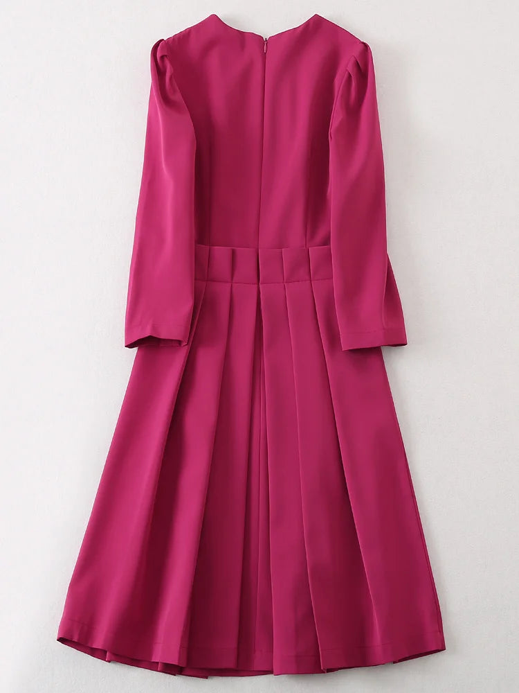 Pleated Jacquard Midi Dress Fit-and-Flare — Fuchsia | KIMLUD