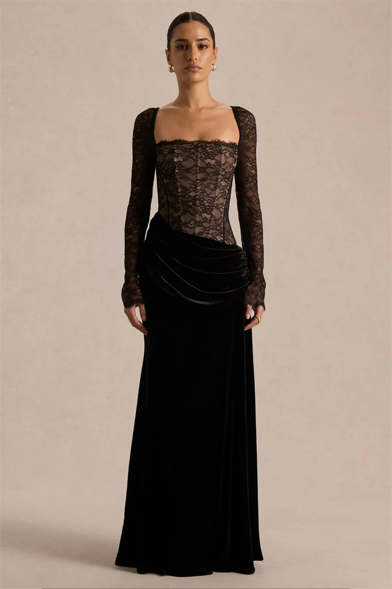 Lace Velvet Maxi Dress Square-Neck See-Through Backless — Black | KIMLUD