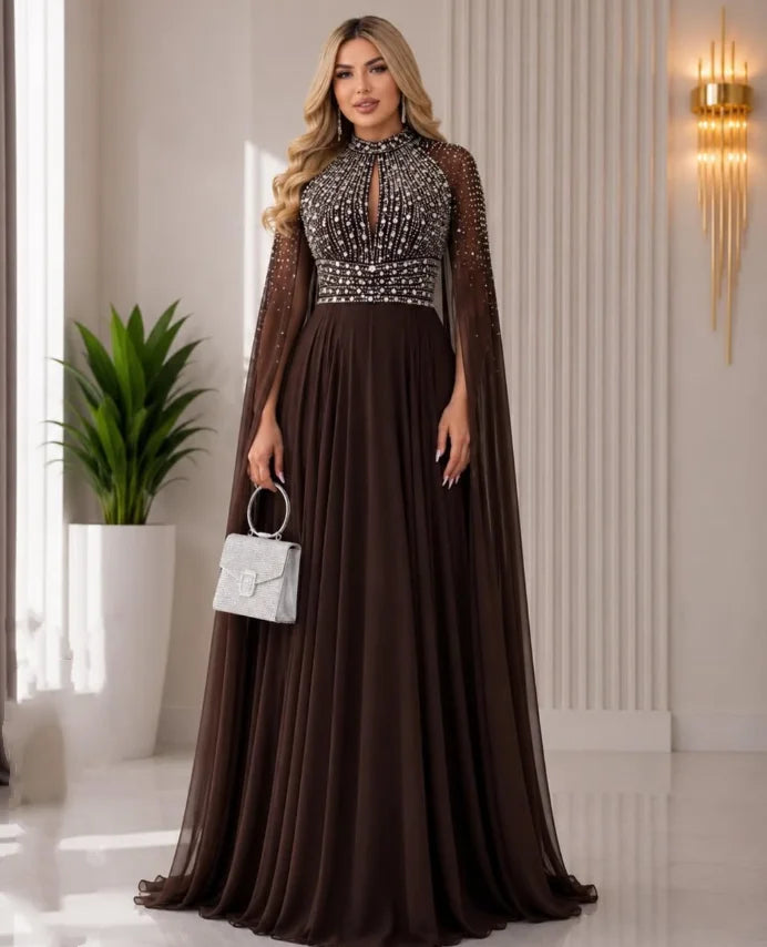 Mother of the Bride Dress – Beaded Cape – Chiffon Maxi – Champagne | KIMLUD