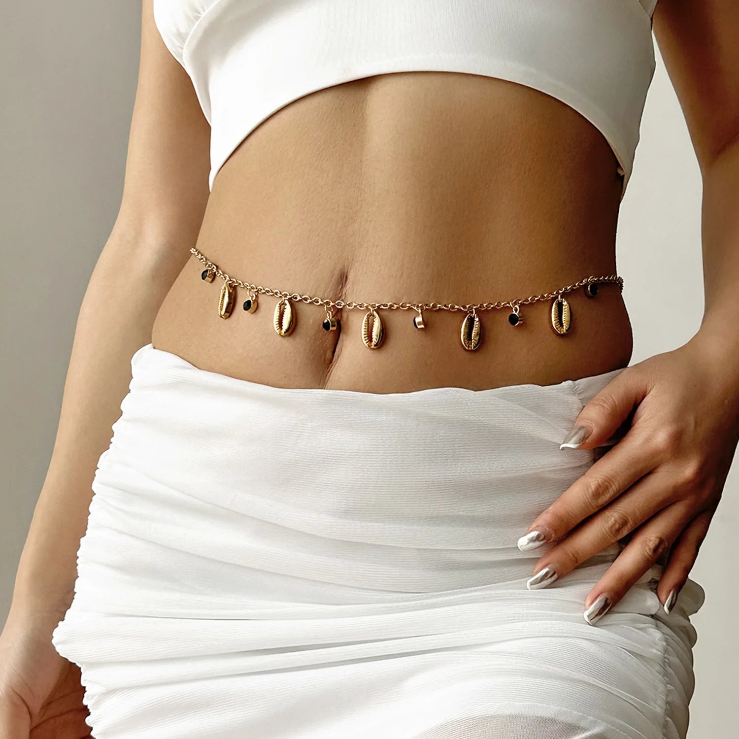 Bohemian Imitation Pearl Waist Belly Chain Starfish Pendant — White | KIMLUD