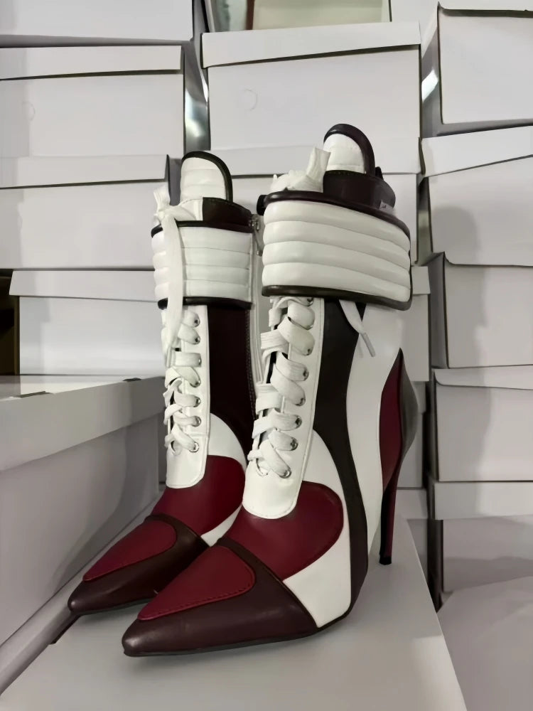 Ankle Boots – Color Block Lace Up – Pointed Toe Stiletto – PU | KIMLUD