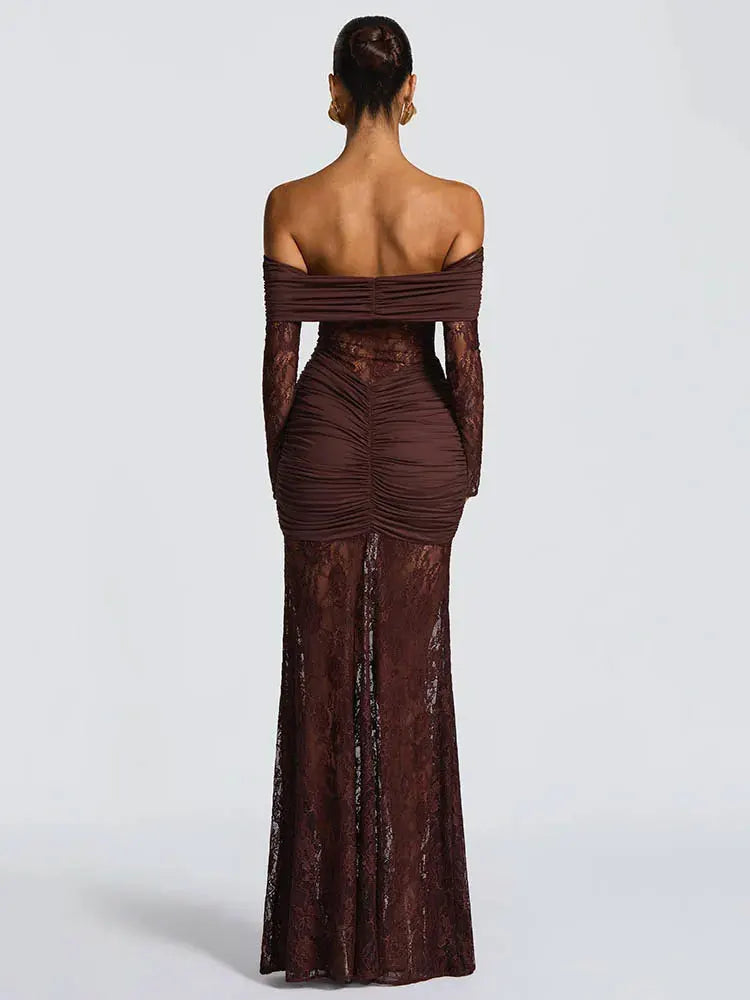 GACVGA Elegant Mesh Lace Patchwork Bodycon Maxi Dress for Women Summer Sexy Off-Shoulder Sheer Party Club Evening Long Dress