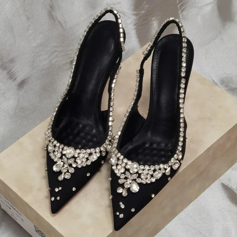Dresses Satin Pointy Toe Heels With Rhinestones — Silver | KIMLUD