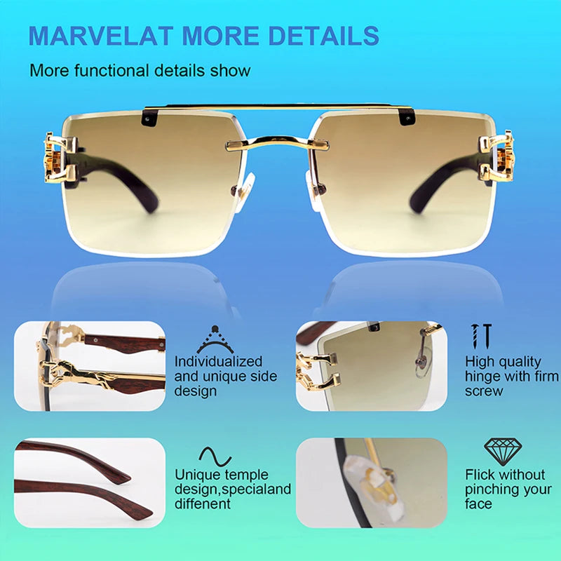 wood Grain Sunglasses Women Trendy 2024 Rimless Sunglasses Men Vintage Designer Fashion Glasses Lentes De Sol Mujer Zonnebril