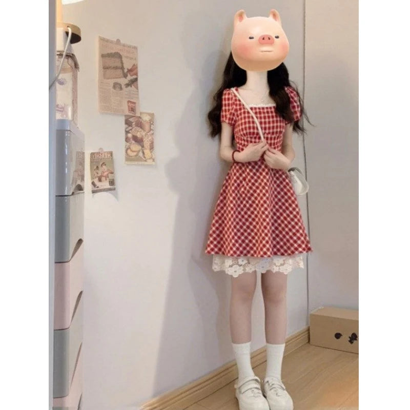 Soft Cotton Blend Plaid A-Line Dress — Red | KIMLUD