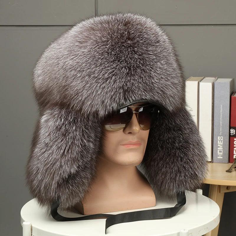 2025 Winter 100% Real Silver Fox Fur Bomber Hat Raccoon Fur Ushanka Cap Trapper Russian Men's Ski Hats Caps