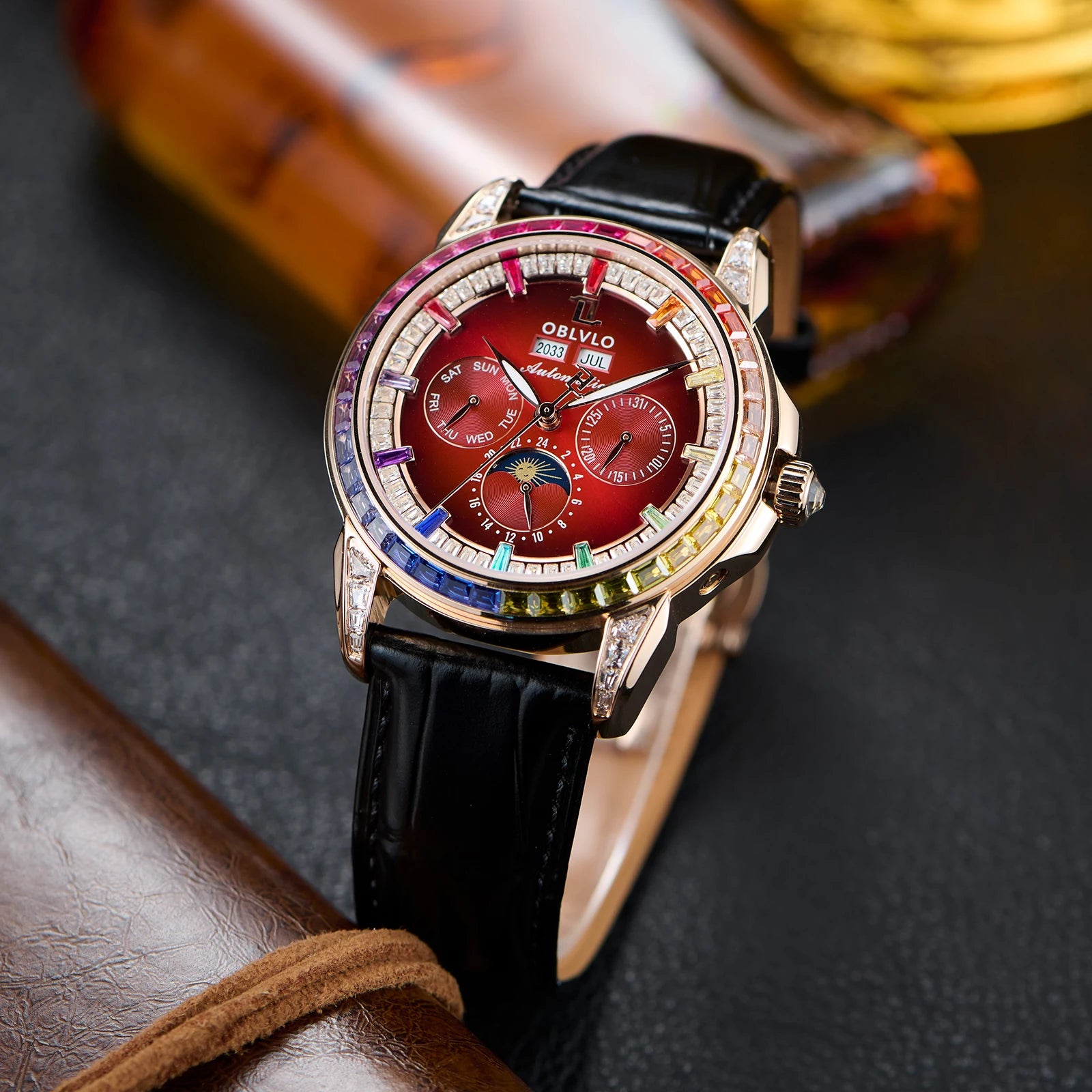 Moonphase Automatic Leather Strap Watch Complete Calendar — Red | KIMLUD