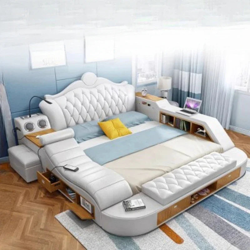 Solid Wood Headboard Storage Bed With Drawers — Ivory White | KIMLUD