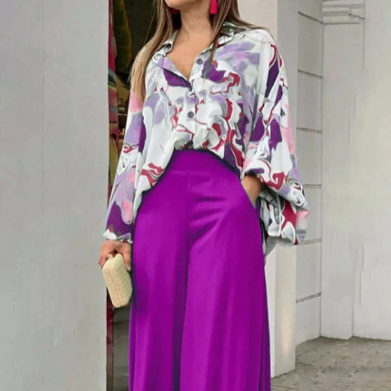 KIMLUD, Fashion Print Set Women Casual Long Sleeve Button Shirt+Pockets High Waist Wide Leg Pants Office 2 Piece Sets Lady Spring Summer, KIMLUD Womens Clothes
