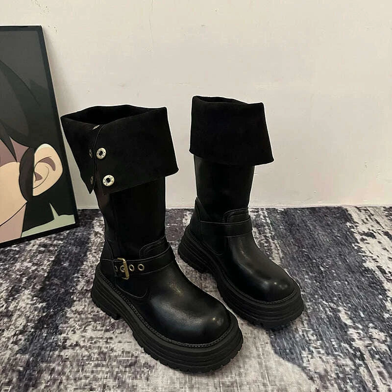 KIMLUD, Winter Vintage Platform Thick Sole Woman Knight High Boots Concise Belt Buckle Front zipper Shoes Ladies Slim Modern Long Botas, KIMLUD Womens Clothes