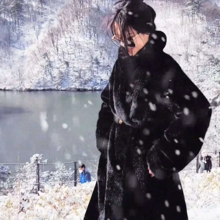 KIMLUD, Women Faux Fur Coats Knee Length Coat Turn Down Collar Thick Warm Elegant Maxi Y2k Streetwear Outerwear Jackets Winter Spring, KIMLUD Womens Clothes