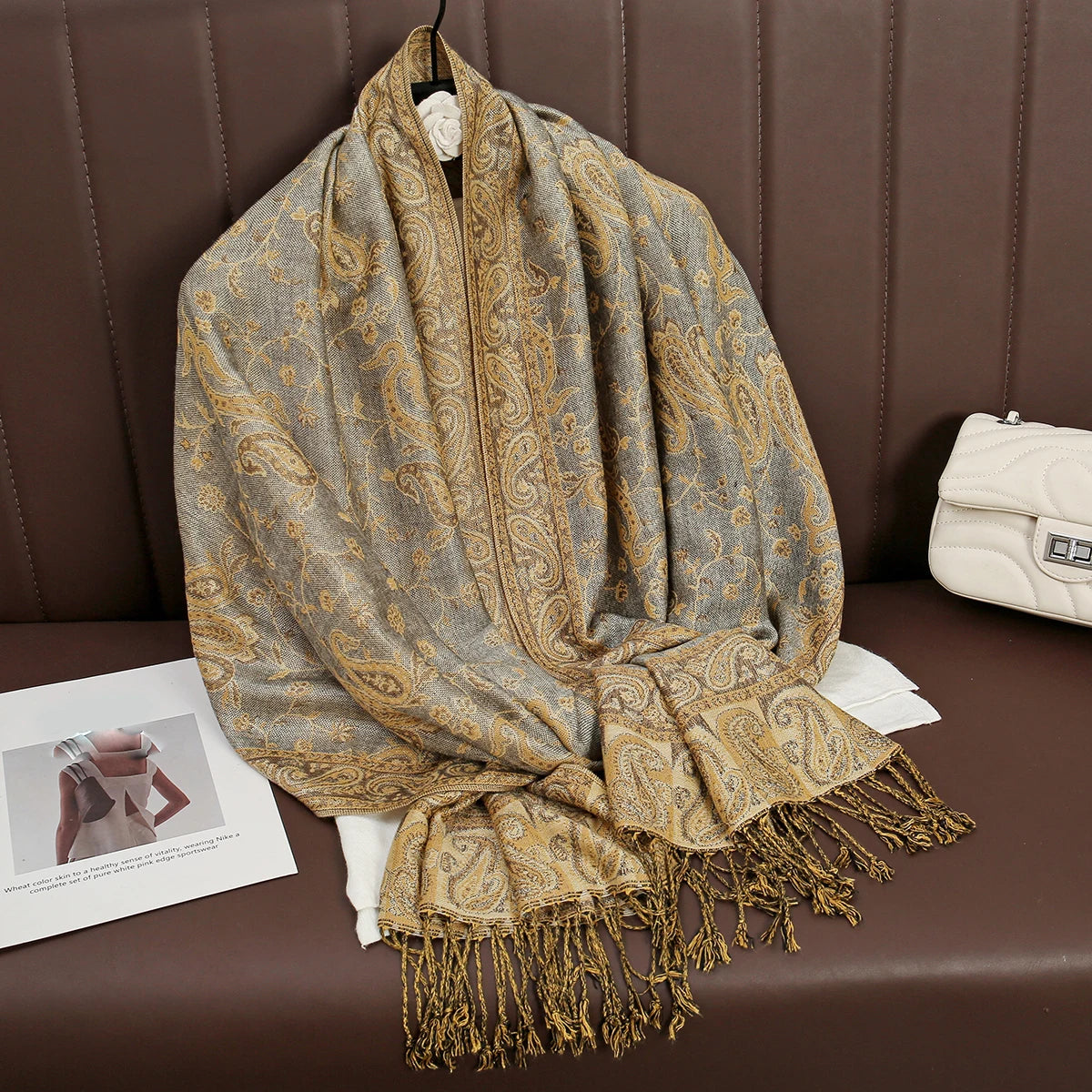 Cashmere Pashmina Shawl With Autumn Print Design, Olive Accents And Gold-Toned Fringe — Red | KIMLUD