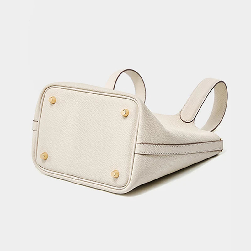Head Layer Cowhide Leather Bucket Bag Large Capacity — Taupe | KIMLUD